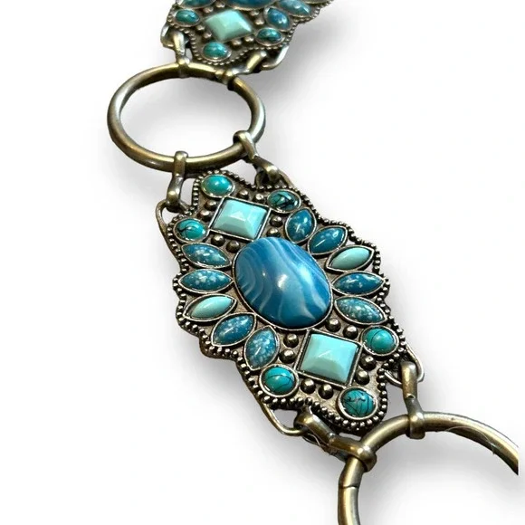Southwest Faux Turquoise Stone and Metal Chain Belt Boho Western - Picture 2 of 6